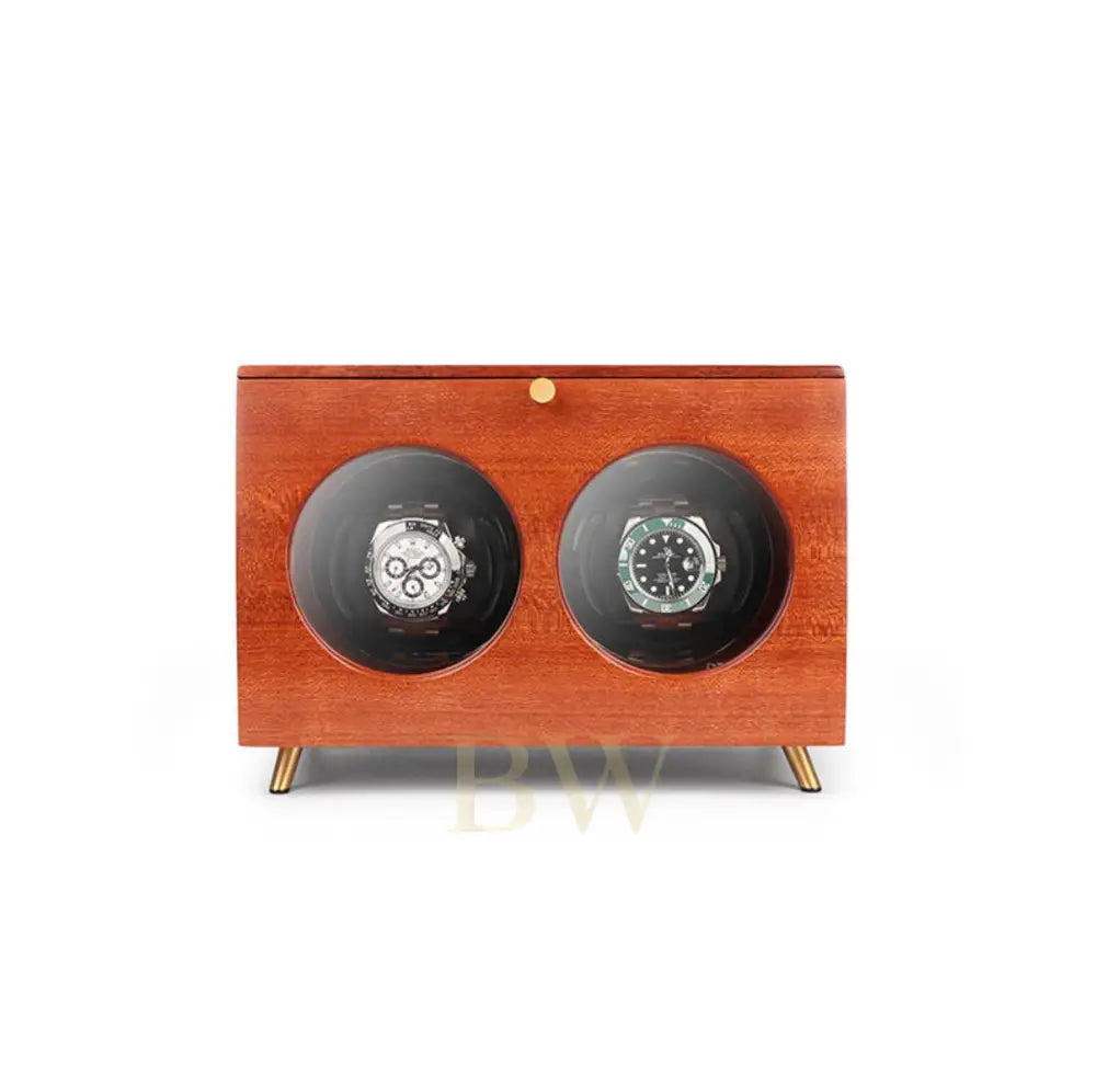 Wooden watch display case with two round glass doors on a white background