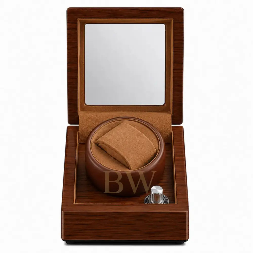 Wooden watch winder box with no watch inside on a white background